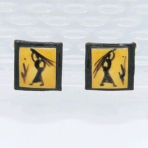 Vtg 80s Ethnic Artisan Enamel Hand Painted Square Pierced Black/Yellow Earrings